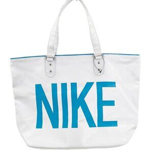 Vintage Nike Heritage SI Tote Bag Giant Logo Purse Y2K Vinyl Zip Top White Blue